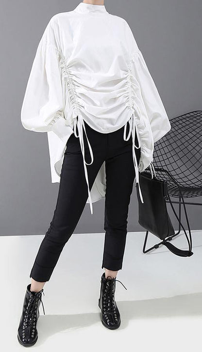Lantern Sleeve Woman Style Black White Hipster Blouse Shirt