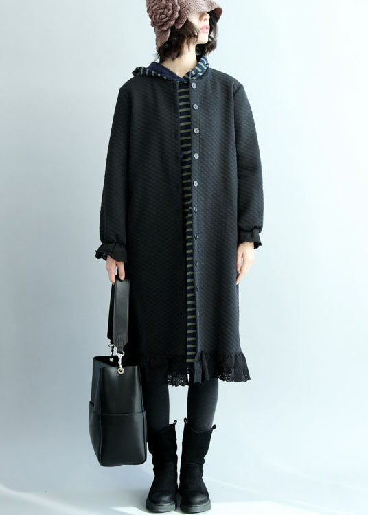 Black Ruffled Button Cotton Trench Coats Spring