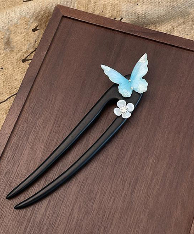 Blue Wooden Butterfly Hairpin