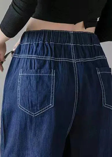 Italian Spring Pants Stylish Denim Blue Photography Elastic Waist Patchwork Pants