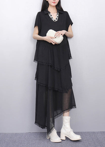 Black Peter Pan Collar Asymmetrical Long Cake Dress Short Sleeve