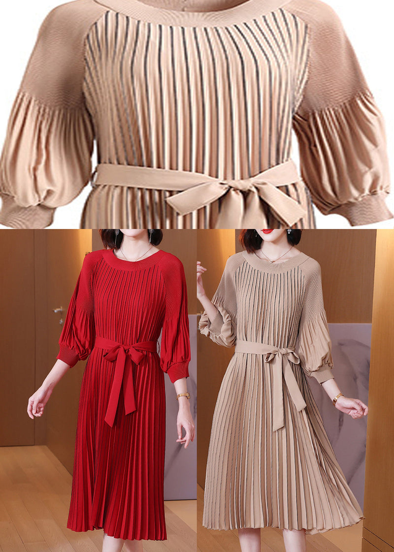 Red O-neck Wrinkled Maxi Dress Lantern Sleeve