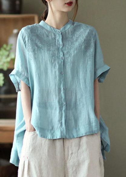 Orange Summer Side Open Stand Collar Ramie Loose Short Sleeve