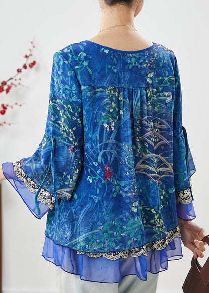 Blue Print Patchwork Chiffon Shirt Spring