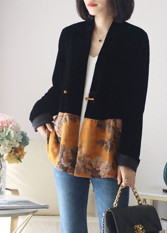 Italian Black Button V Neck Print Patchwork Silk Coats Long Sleeve Spring