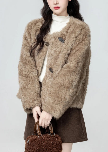 Khaki O Neck Button Teddy Faux Fur Coat Winter