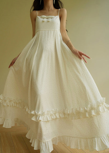 Beige Slash Neck Print Ruffled Patchwork Long Spaghetti Strap Dress Sleeveless