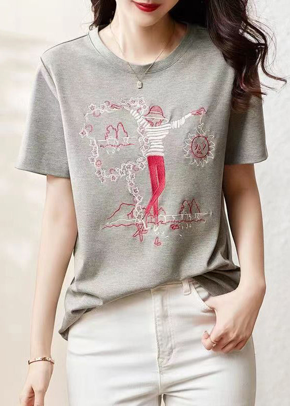 Grey O Neck Embroideried Patchwork Cotton T Shirt Summer
