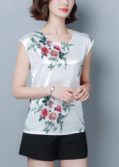 French Green Print O-neck Silk Shirt Tops Short Sleeve