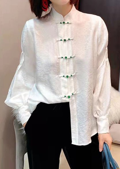 Chinese Style White Stand Collar Button Jacquard Silk Blouse Tops Lantern Sleeve