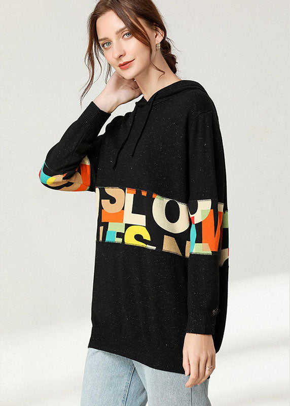 Black Hooded Patchwork Print Top