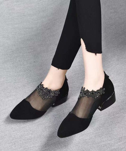 Black Suede Tulle Splicing Zircon High Heels