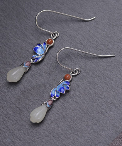 Boutique Blue Lotus Silver Jade Drop Earrings