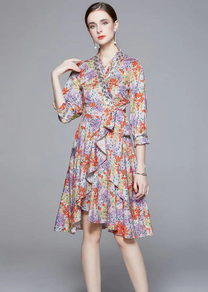 Modern Red Asymmetrical Print Chiffon Mid Dress Bracelet Sleeve