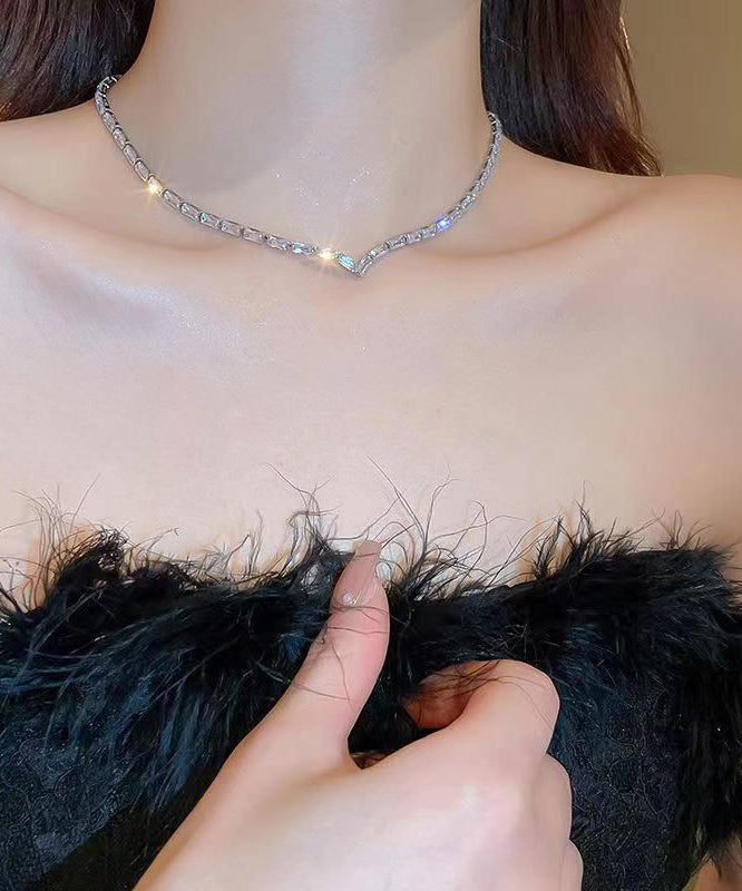 Silk Sterling Silver Zircon V Shaped Necklace