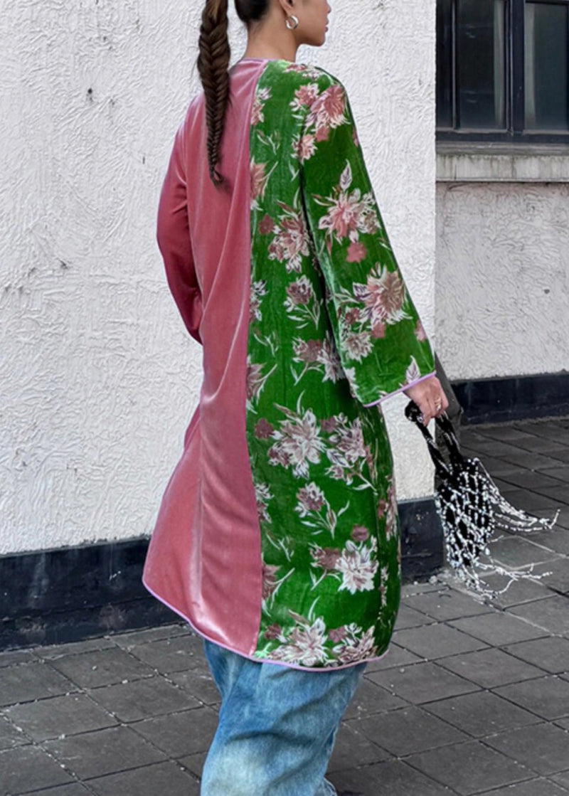 New Green Print Side Open Patchwork Silk Velour Dress Long Sleeve
