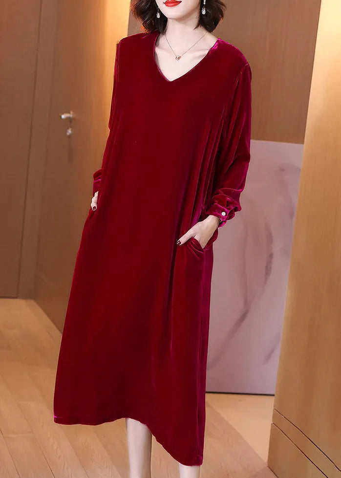 New Wine Red Pockets Silk Velour Dress Long Sleeve