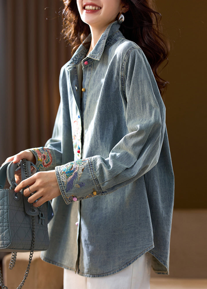 Organic Blue Peter Pan Collar Embroidered Denim Coat Top Spring