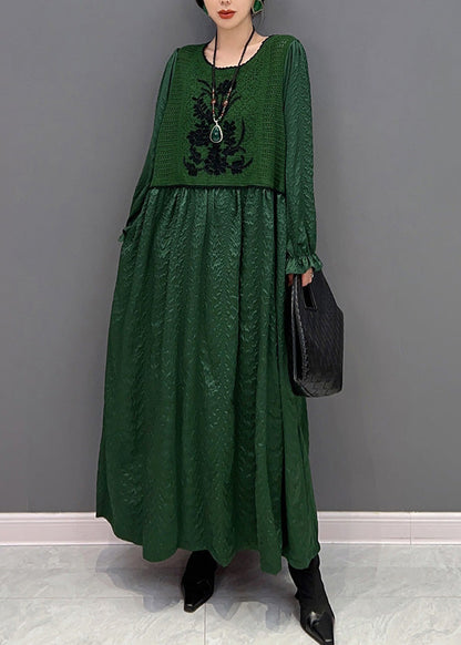 French Green O-neck Patchwork Knit Maxi Dresses Winter