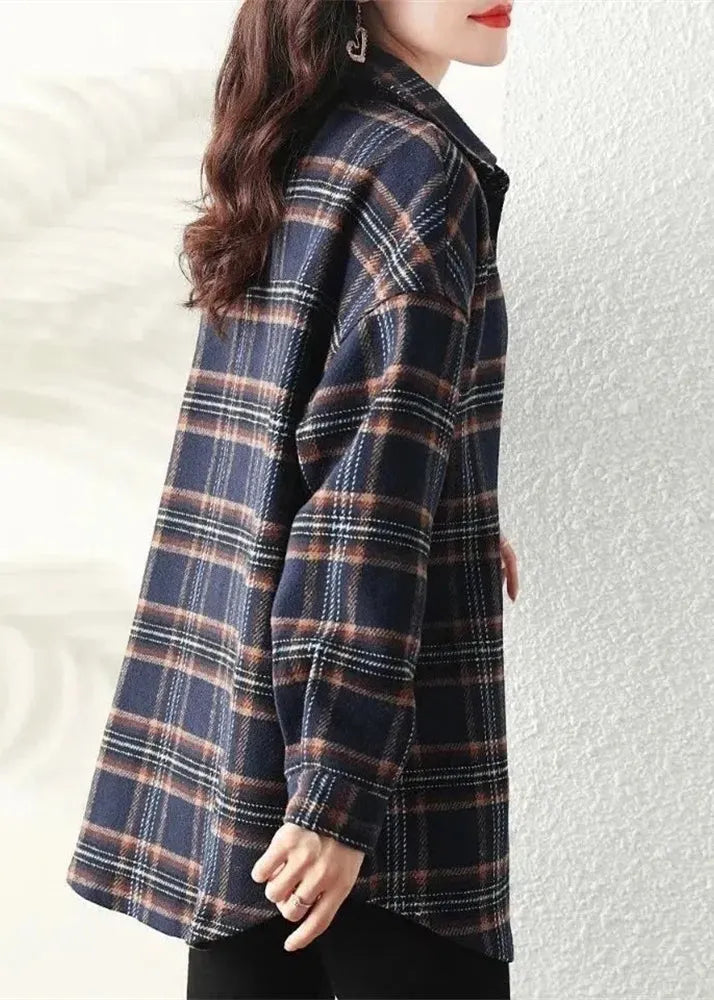 Navy Peter Pan Collar Plaid Cotton Shirt Coats Spring