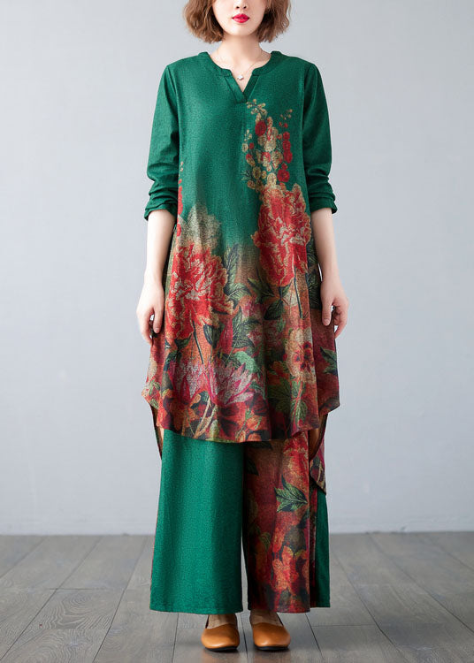 Green Patchwork Cotton Two Piece Set Clothing Spring