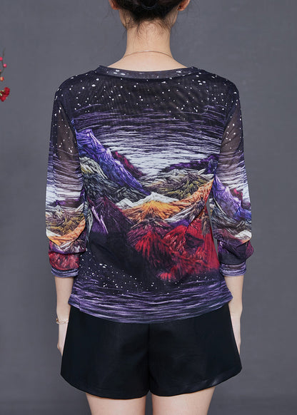 Black Print Hollow Out Tulle Top Summer