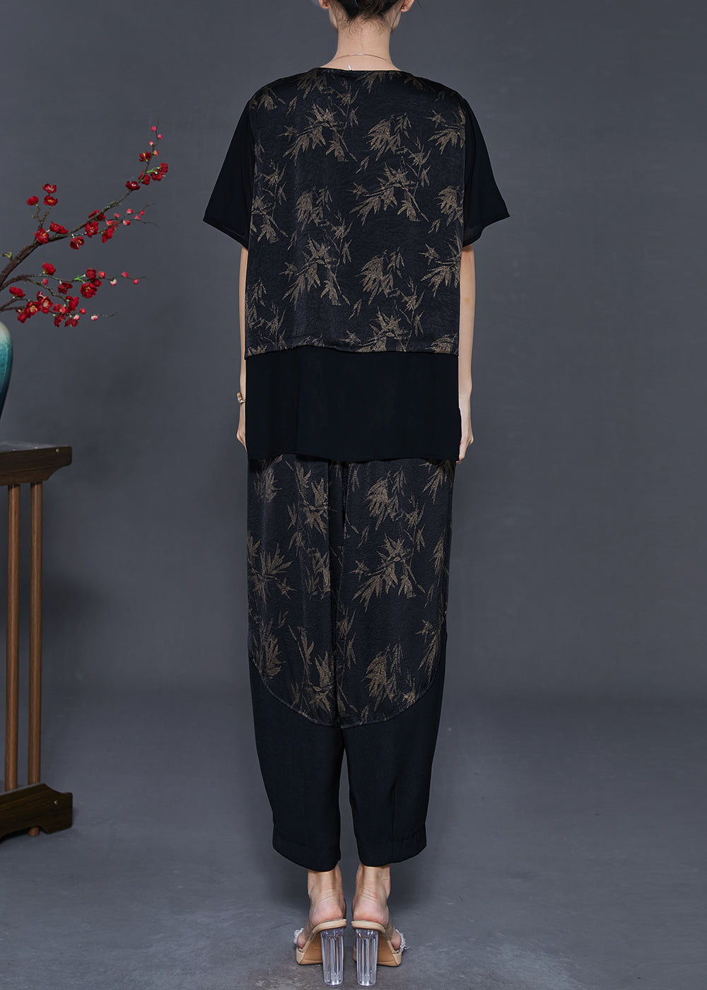 Black Patchwork Silk Two Piece Set Clothing Print Summer