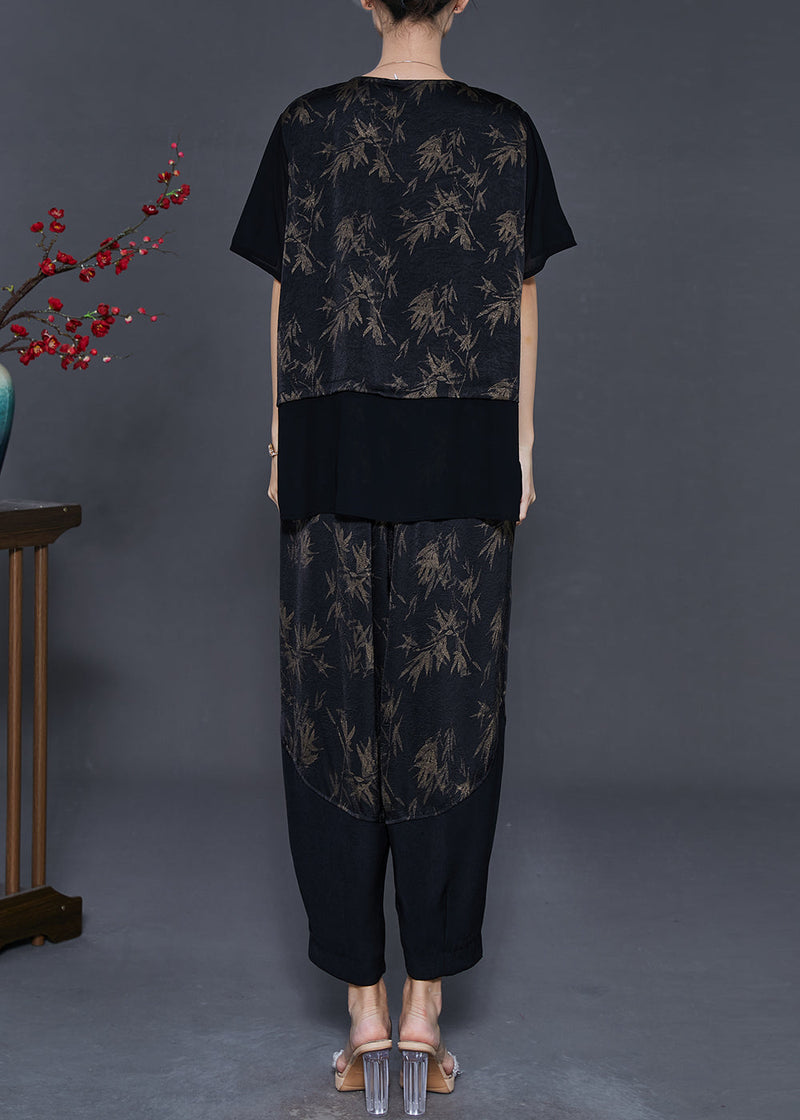 Black Patchwork Silk Two Piece Set Clothing Print Summer