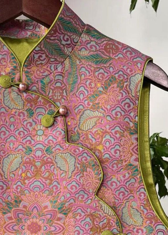 Pink Asymmetrical Button Print Cotton Waistcoat Sleeveless