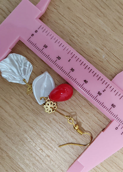 Fine Red Droplet Shape Coral and Shell Drop Earrings