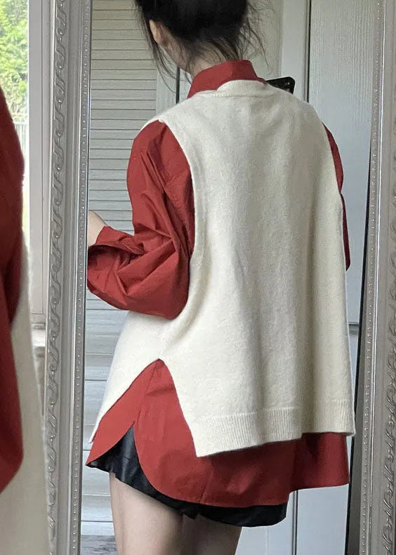 Side Open Apricot Knit Waistcoat and Red Shirts Two Pieces Set Fall