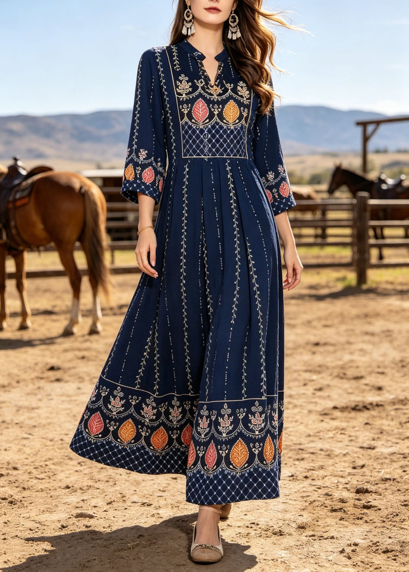 Navy V Neck Print Cotton Maxi Dresses Bracelet Sleeve