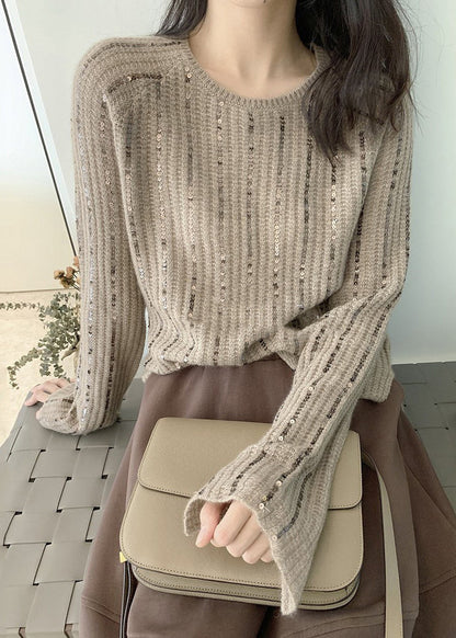 Light Brown O Neck Sequins Knit Sweaters Long Sleeve