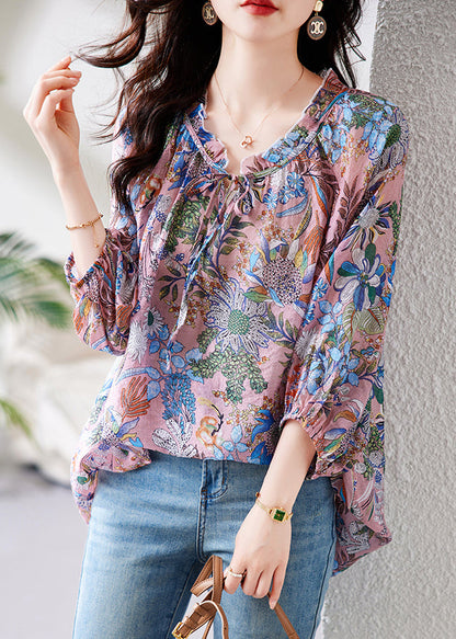Purple Ruffled Print Lace Up Cotton Shirt Tops Fall