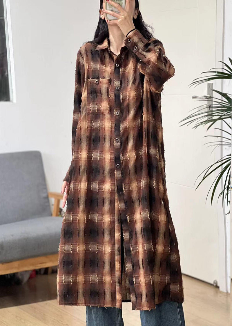 Pink Plaid Peter Pan Collar Button Cotton Long Blouse Spring