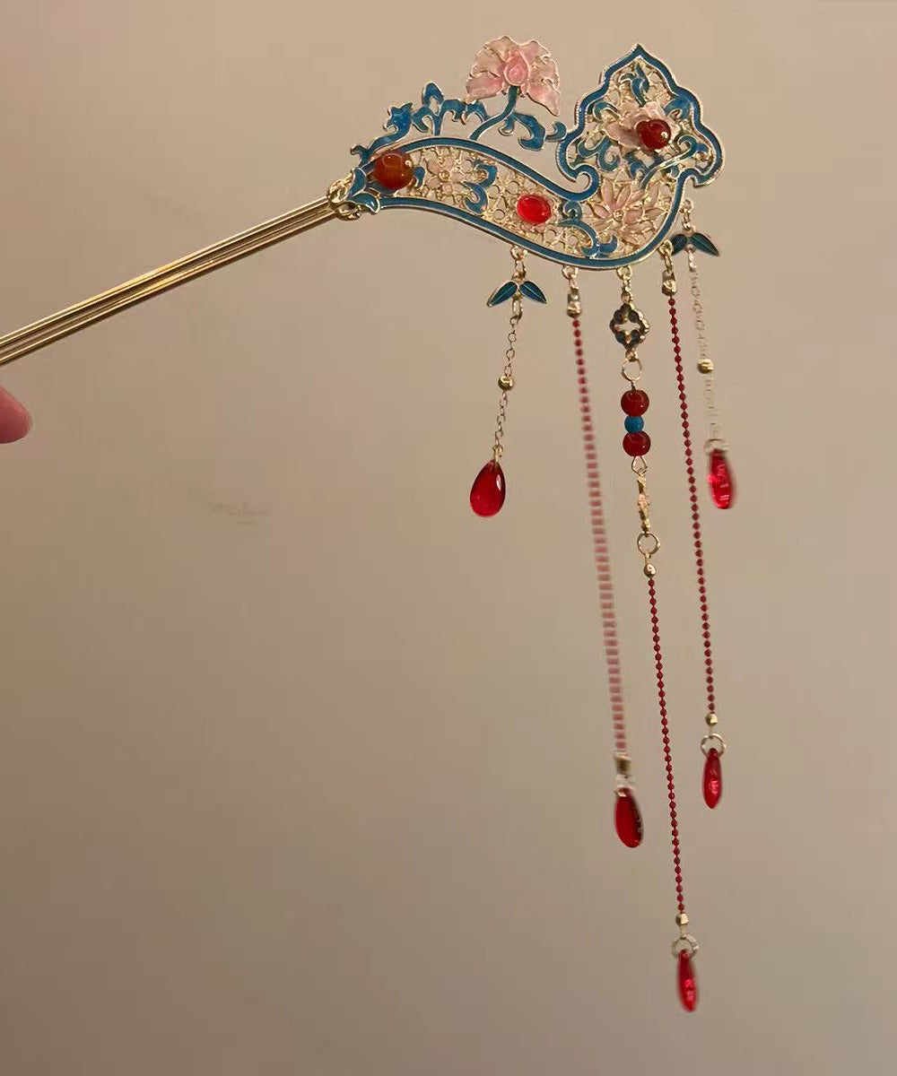 Retro Red Alloy Hollow Out Cloisonne Tassel a Pair Hairpin