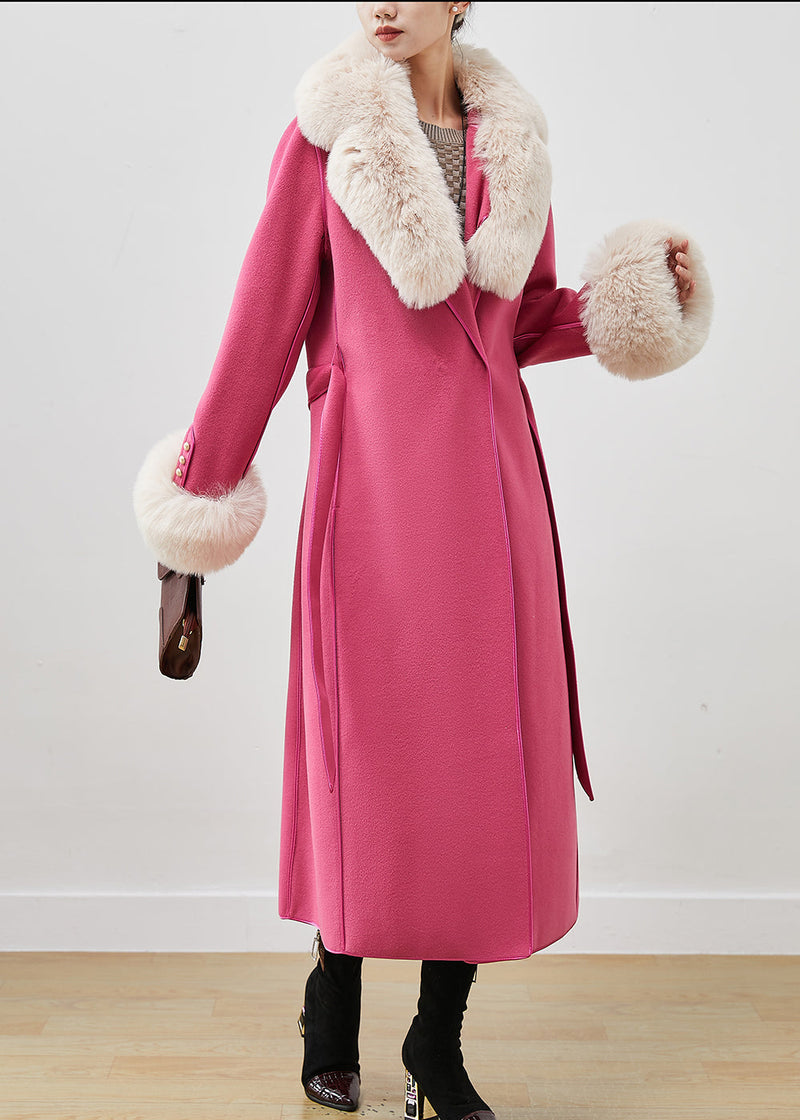 Pink Silm Fit Woolen Coat Outwear Fur Collar Tie Waist Fall