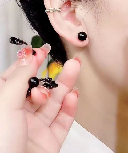 Fine Black Alloy Inlaid Gem Stone Stud Earrings