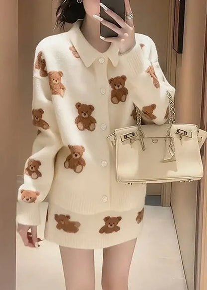 Winter White Cartoon Jacquard Knitted Sweater and Skirt Set