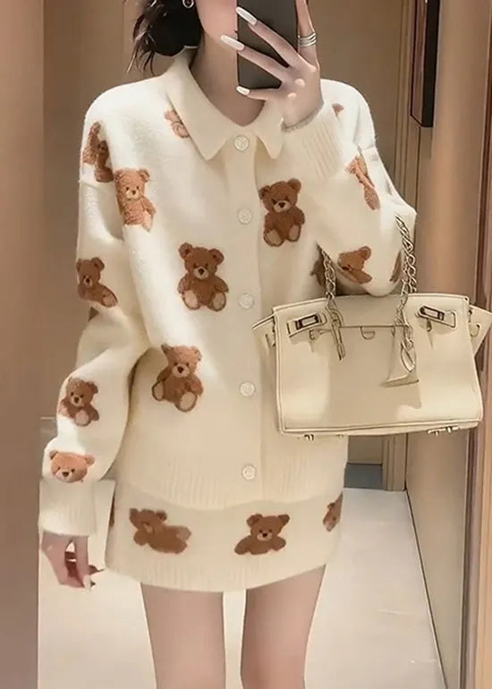 Winter White Cartoon Jacquard Knitted Sweater and Skirt Set