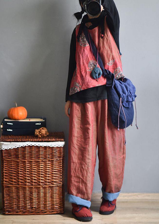 Red Linen Wide Leg Pants Trousers