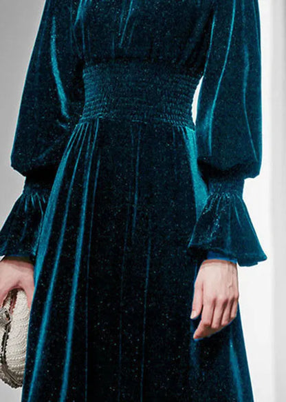 Peacock Blue Hign Neck Velour Maxi Dresses Lantern Sleeve