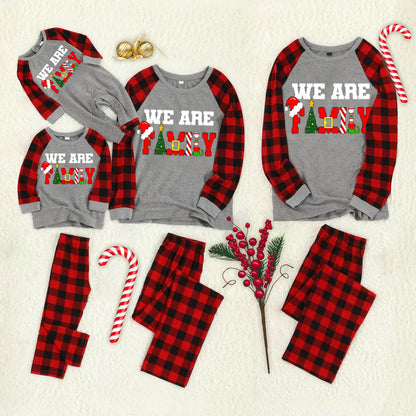Christmas Cartoon Cat Pattern "Meowy Christmas" Letter Print Contrast Top and Plaid Pants Family Matching Pajama Set with Dog Bandana