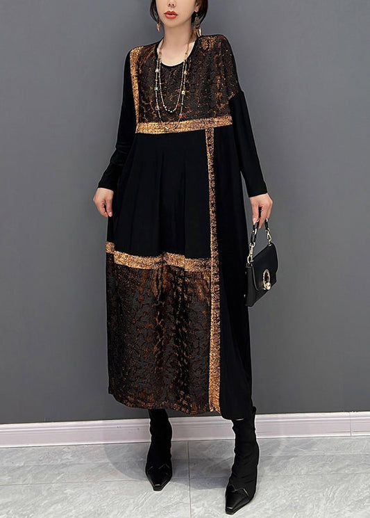 Black O Neck Organza Patchwork Cotton Dress Fall