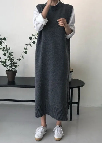 Diy Grey O Neck Patchwork Knit Vest Dress Sleeveless
