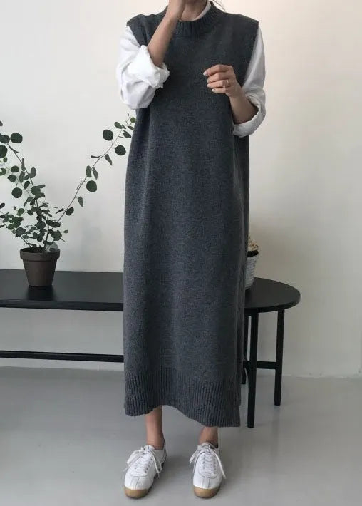 Diy Grey O Neck Patchwork Knit Vest Dress Sleeveless