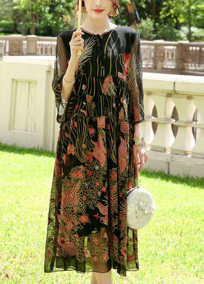 Black Embroideried Lace Up Silk a Line Dresses Summer