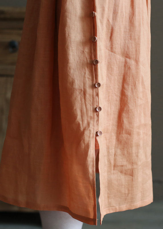 Orange V Neck Wrinkled Linen Cinch Dress Short Sleeve