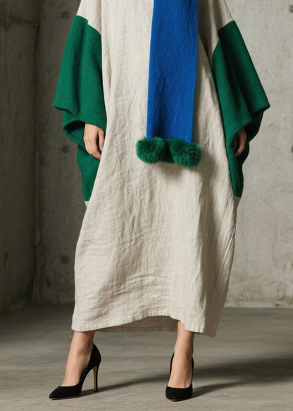 Loose Colorblock Patchwork Cotton Ankle Dress Batwing Sleeve