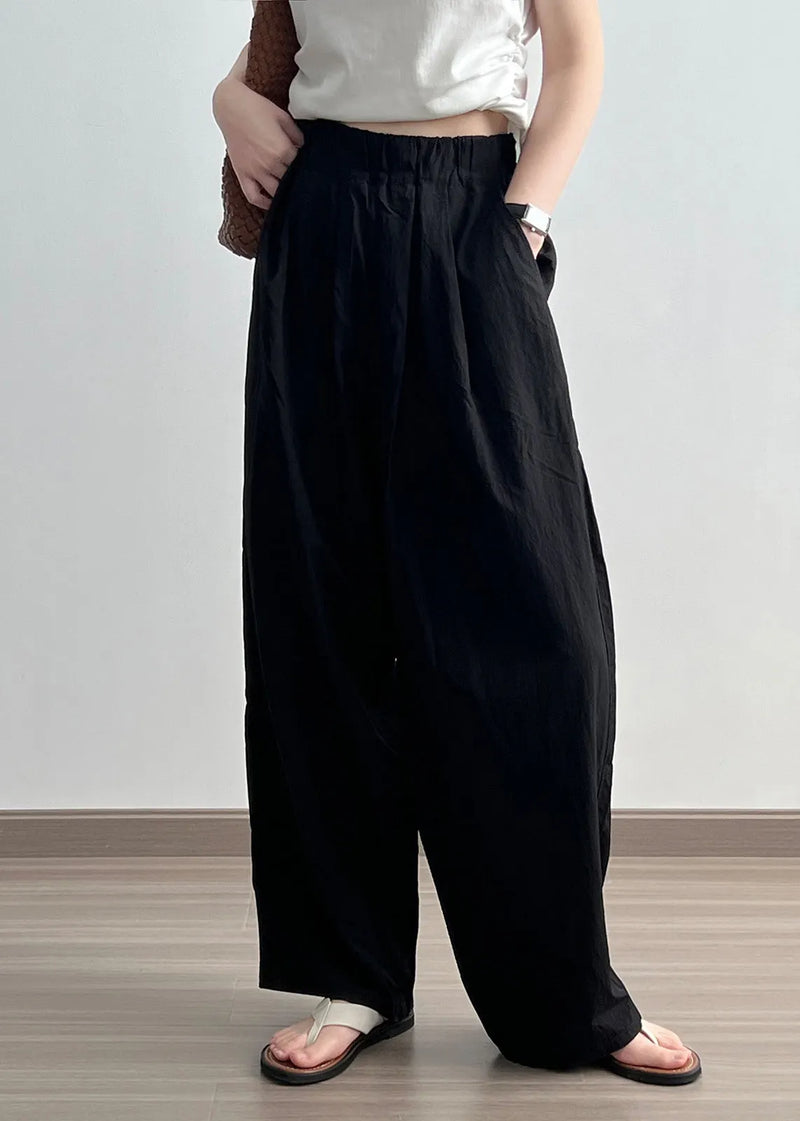 Black Pockets Cotton Wide Leg Pants Elastic Waist Wrinkled Fall